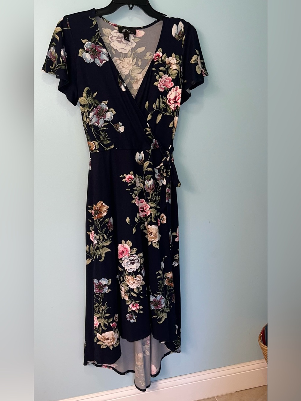 BCX navy blue Floral High-Low Wrap style Dress with Pink & Cream Blooms